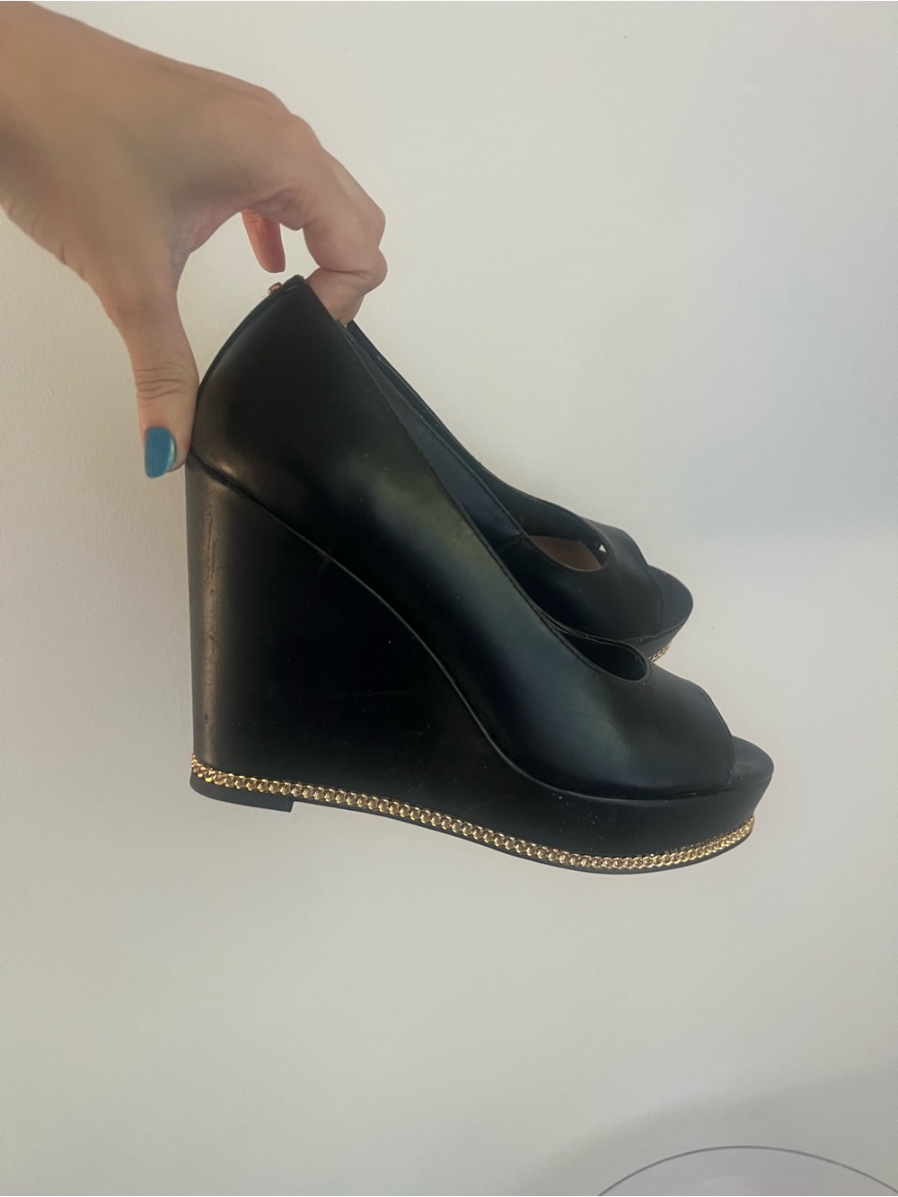 Black Peep-Toe Wedge Heels with Gold Chain Trim